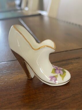 Vintage Miniature Porcelain Shoe Trinket Purple Violet Floral Pattern Gold Trim